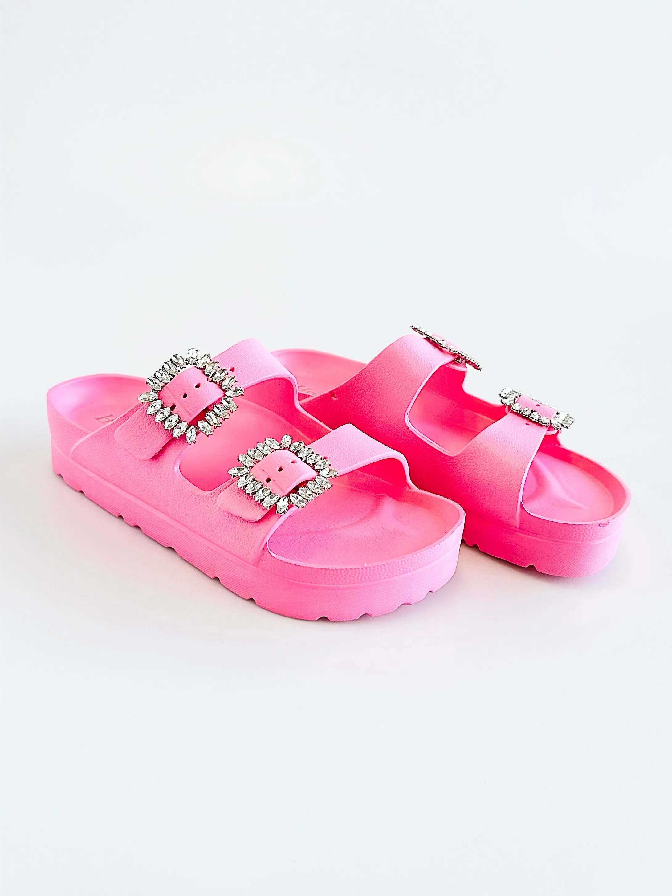 Stone Buckle Double-Strap Sandals - Pink