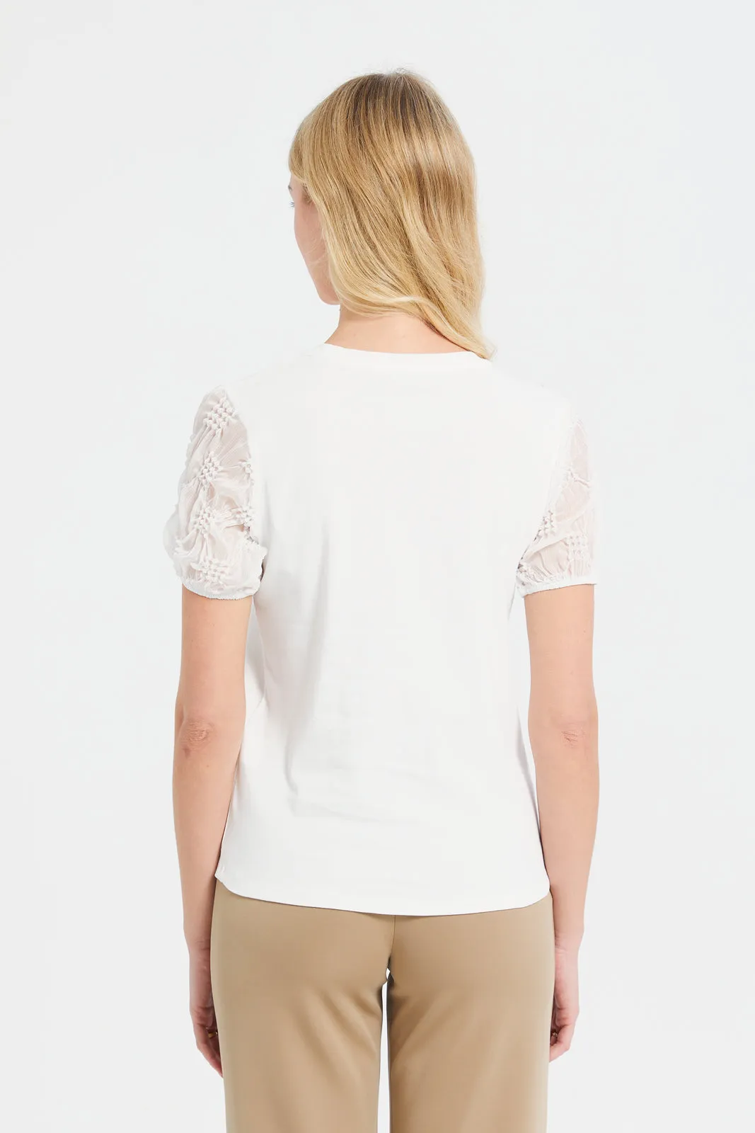 Woman White Jacquard Sleeves Top