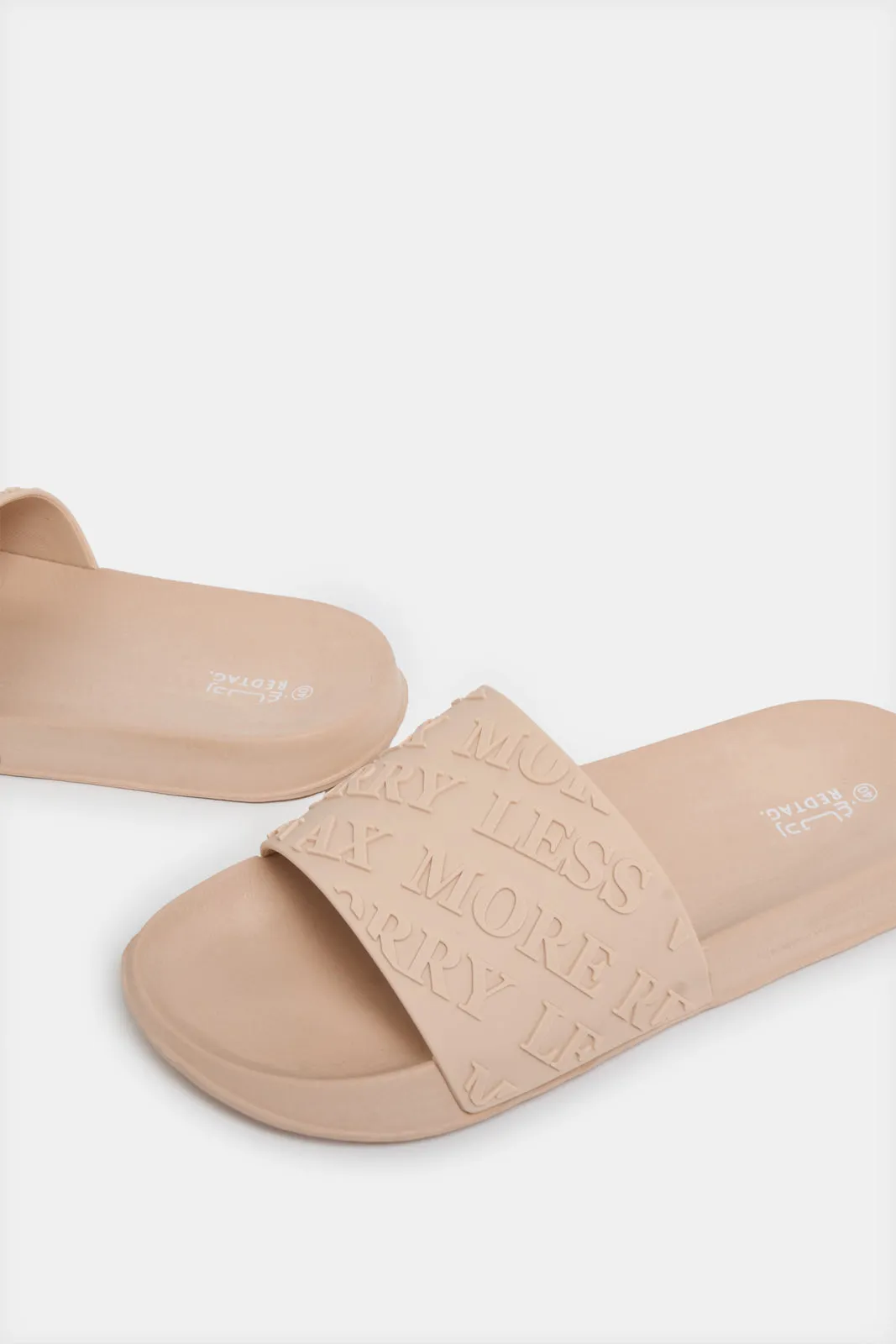 Women Beige Slogan Embossed Slide