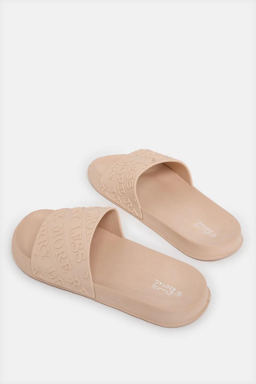 Women Beige Slogan Embossed Slide