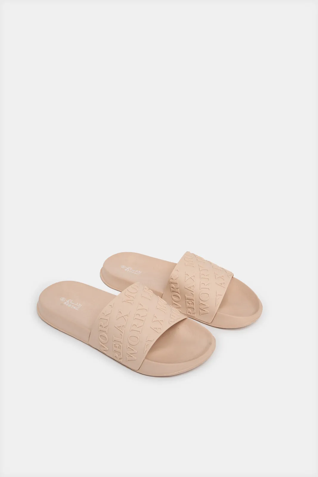 Women Beige Slogan Embossed Slide