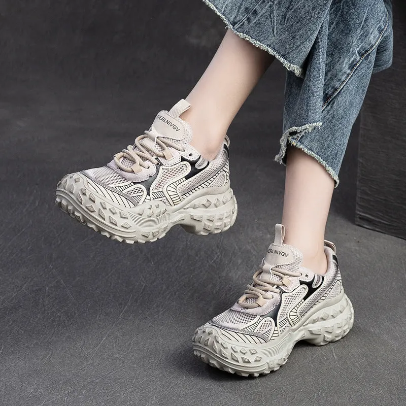 Women Fashion Breathable Mesh Leather Platform Shoes