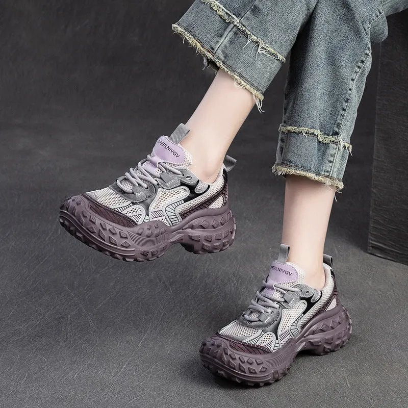 Women Fashion Breathable Mesh Leather Platform Shoes