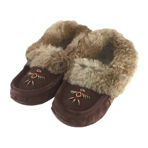 Women's Rabbit Fur Thunderbird Beaded Moccasins Chocolate