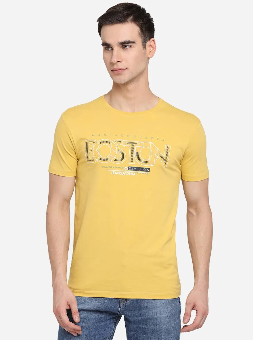 Yolk Yellow Printed Slim Fit T-Shirt | JadeBlue